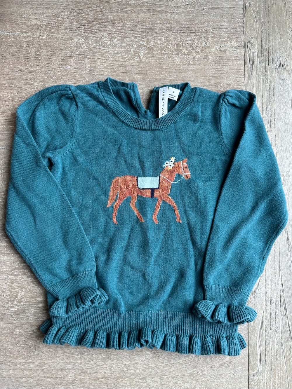 Janie and Jack Teal Horse Ruffle Hem Sweater